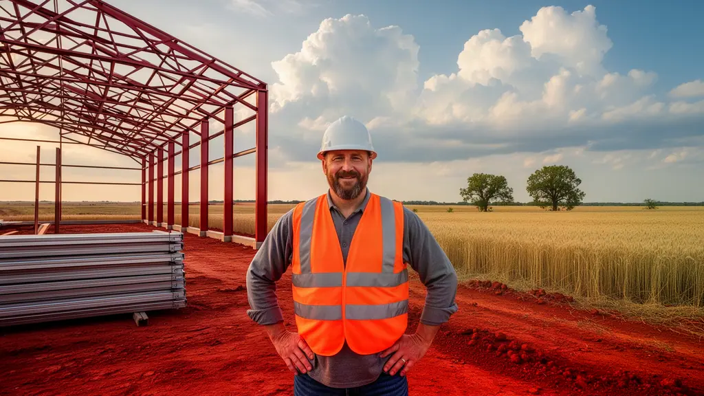 Smiling builder in a hard hat and orange safety vest in front of a new red steel building frame on the wheat plains